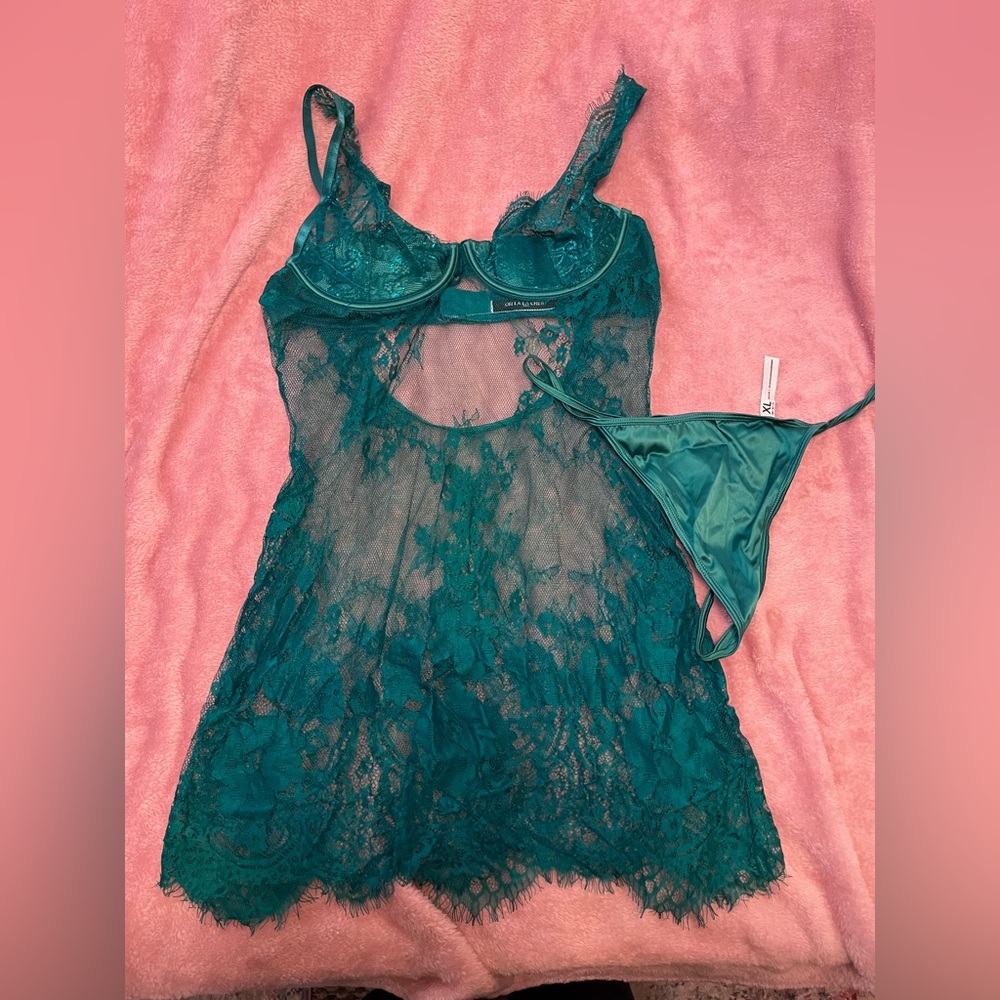 Only Teal Lace Chemise and Thong Set